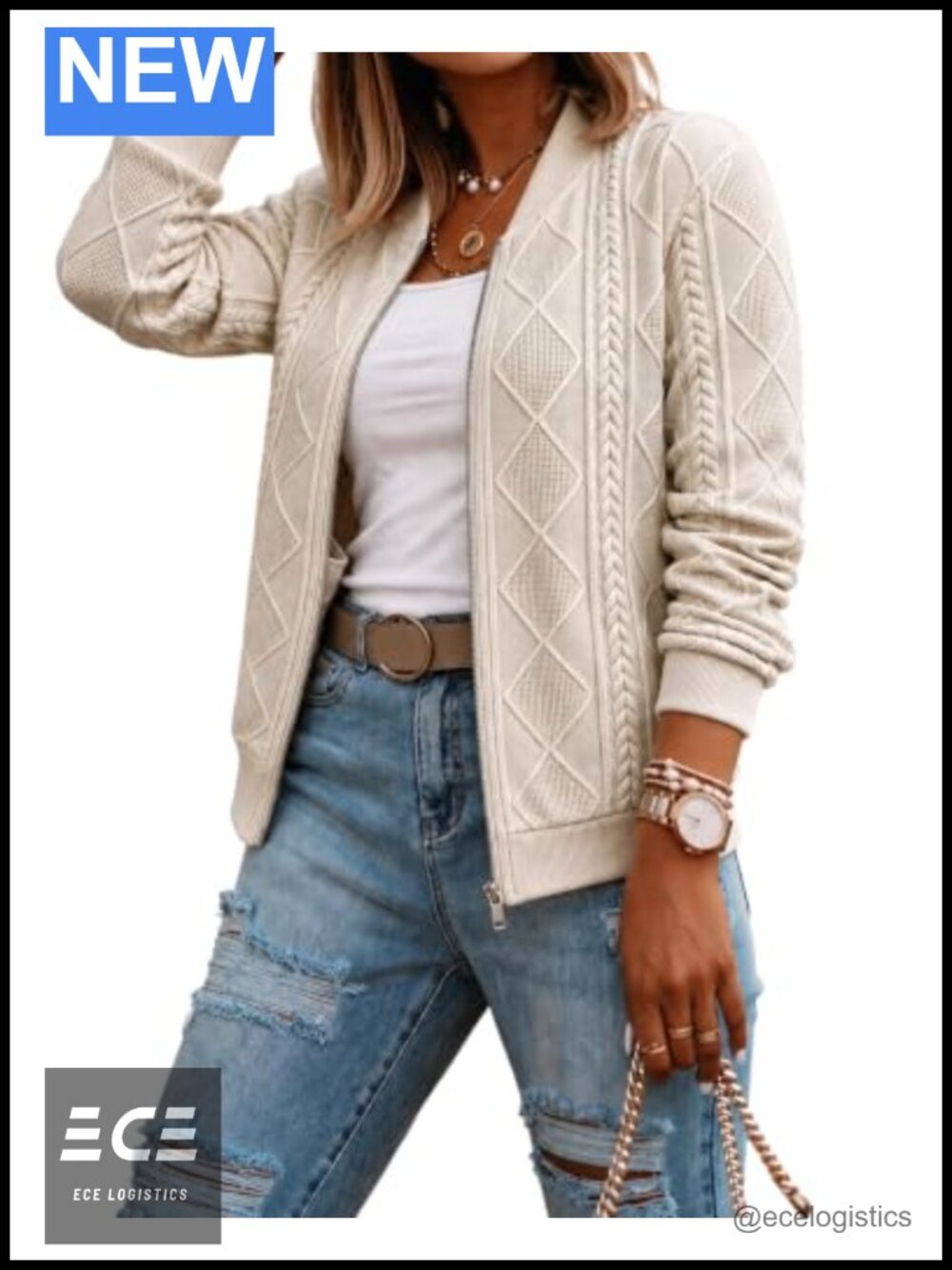 Cable Knit Argyle Zip Up Crop Jacket Stand Collar Casual